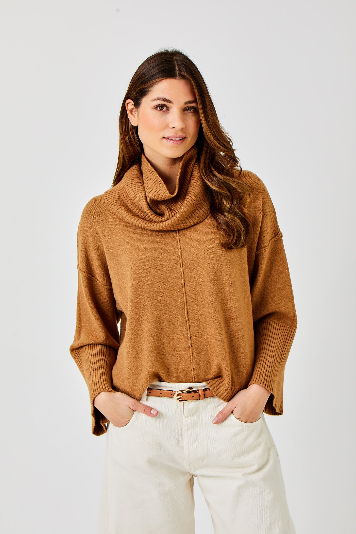 Tery Rib Neck Knit Sweater w/Snood by Suzy D London in Camel