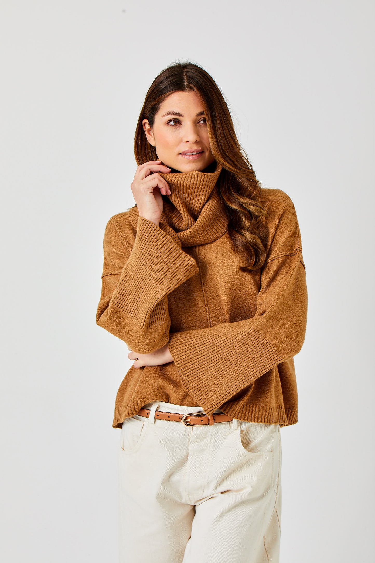 Tery Rib Neck Knit Sweater w/Snood by Suzy D London in Camel