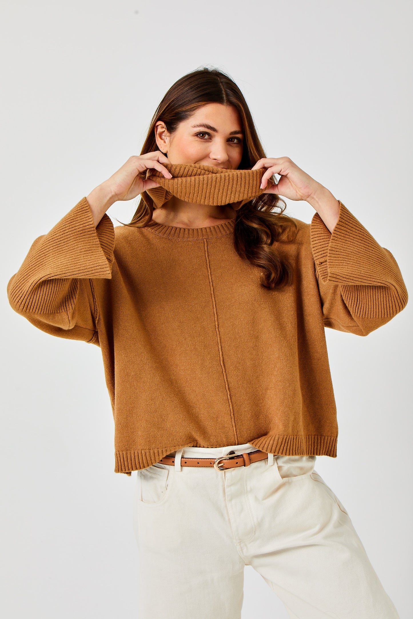 Tery Rib Neck Knit Sweater w/Snood by Suzy D London in Camel