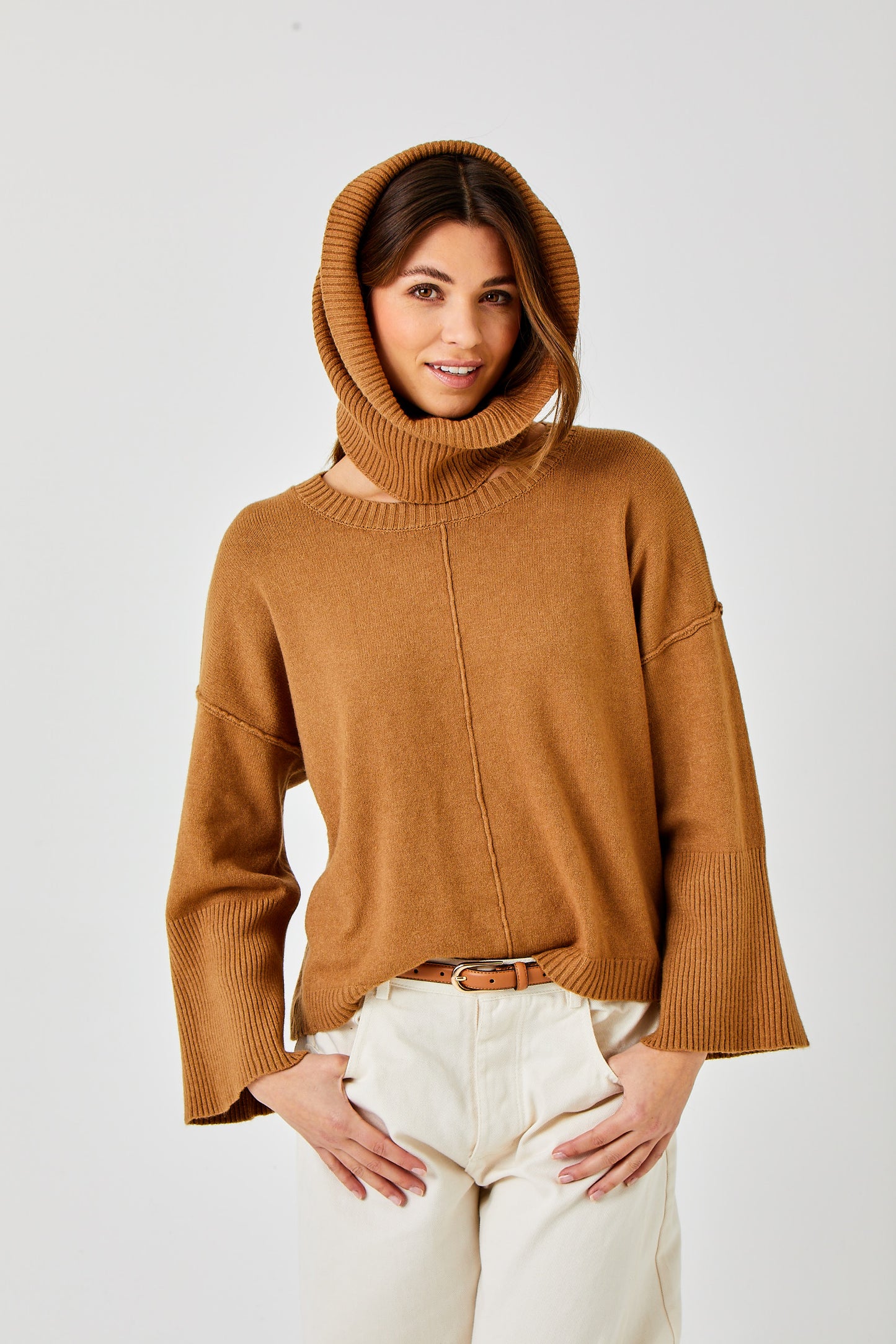 Tery Rib Neck Knit Sweater w/Snood by Suzy D London in Camel