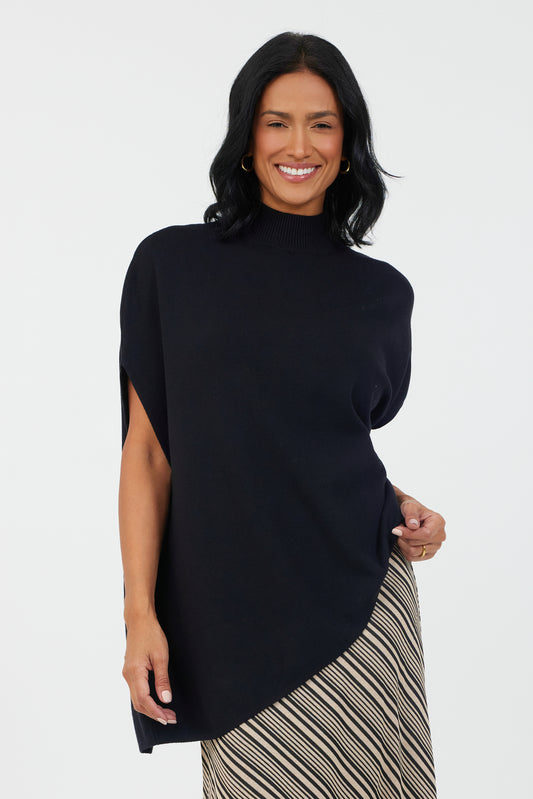 Theo Asymetric Knit Poncho by Suzy D London in Jet Black