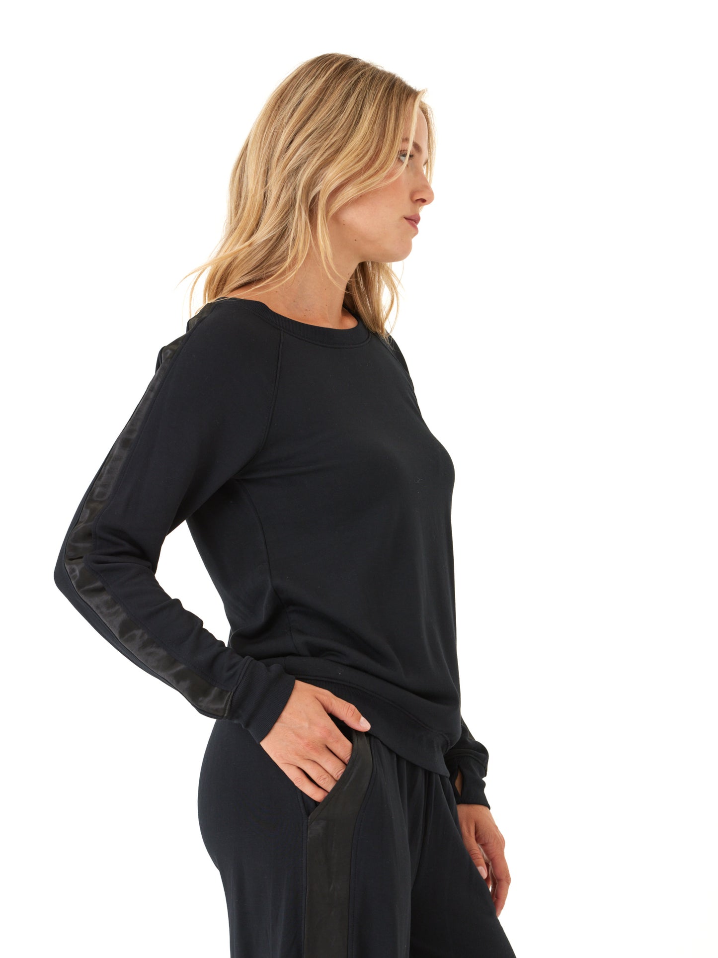 Priscilla Feather Fleece Satin Trim Pullover by Threads 4 Thought in Black