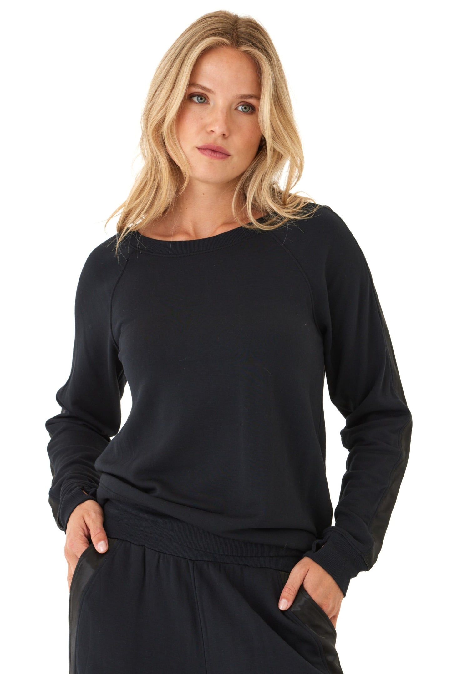 Priscilla Feather Fleece Satin Trim Pullover by Threads 4 Thought in Black