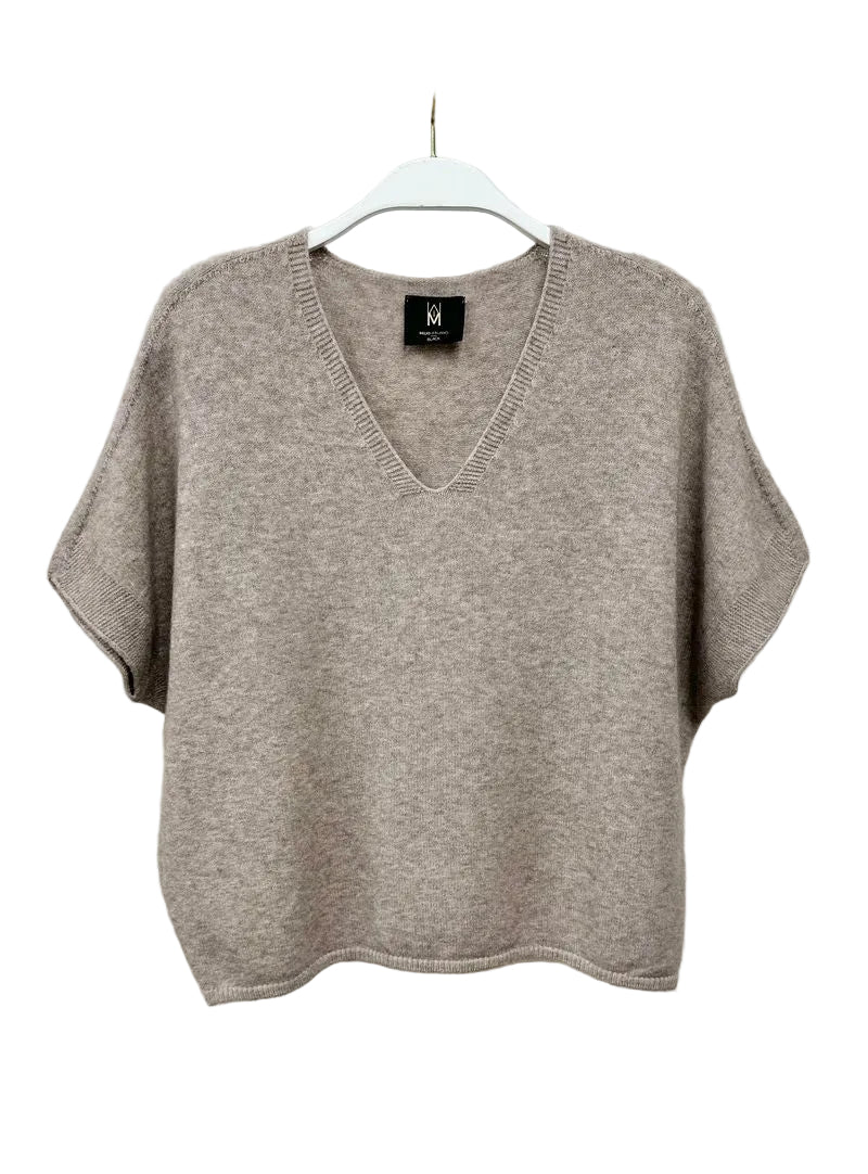 Italian V-Neck Short Sleeve Sweater Knit Top by Milio Milano in Mochaccino