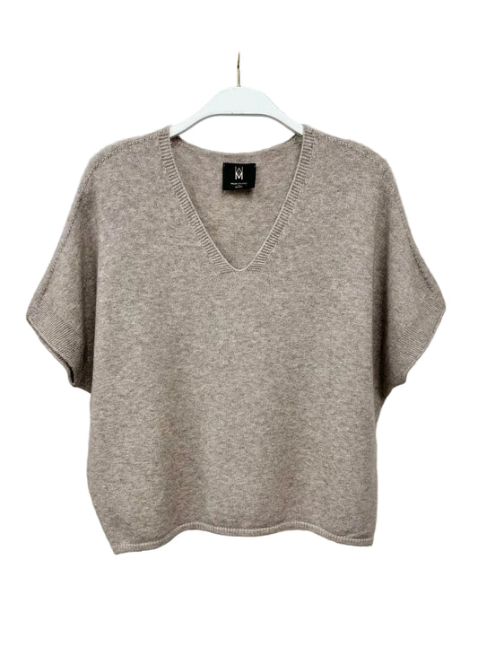 Italian V-Neck Short Sleeve Sweater Knit Top by Milio Milano in Mochaccino