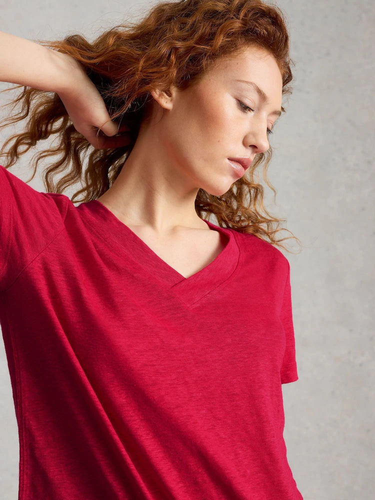 Susie V Neck Linen Tee by White Stuff in Dark Pink