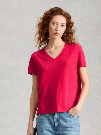 Susie V Neck Linen Tee by White Stuff in Dark Pink
