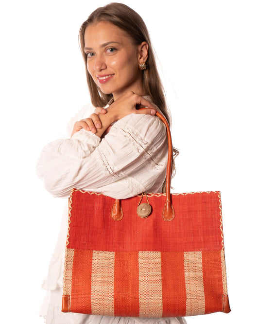 Small Zafran Two Tone Wide Stripe Straw Beach Bag by Shebobo in Coral