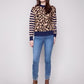 Crew Neck Sweater w/Striped Sleeves by Charlie B in Leopard