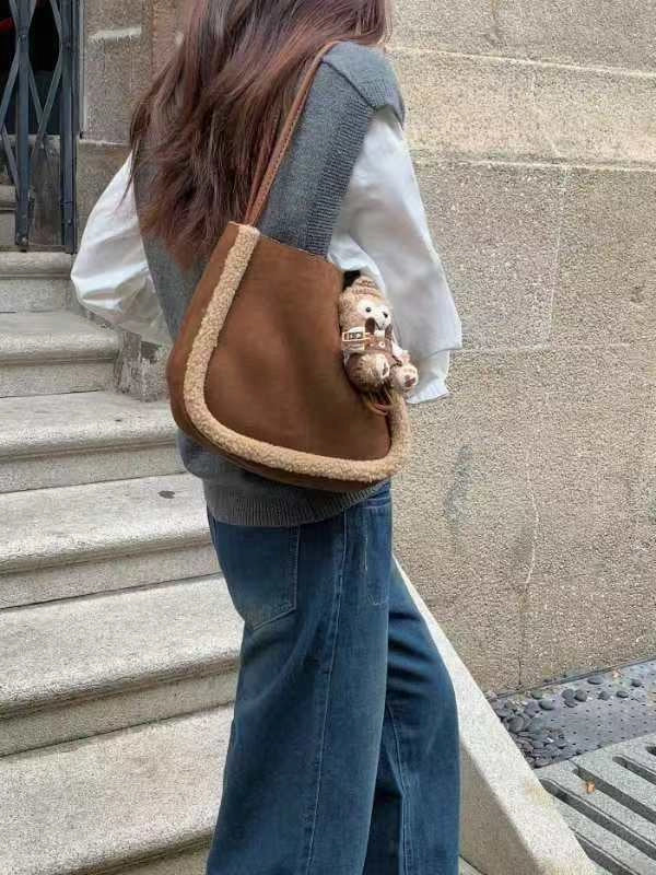 Suede-Like Microfiber Leather Sherpa Edge Bag by Pretty Persuasions in Camel
