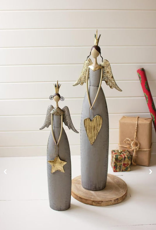 Set of Two Gold & Grey Christmas Angels Holding Heart & Star by Kalalou