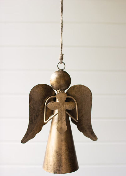 Antique Brass Angel Door Hanger Holding a Cross by Kalalou