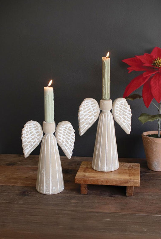 Set of Two Grey-Wash Clay Angel Taper Candle Holder by Kalalou