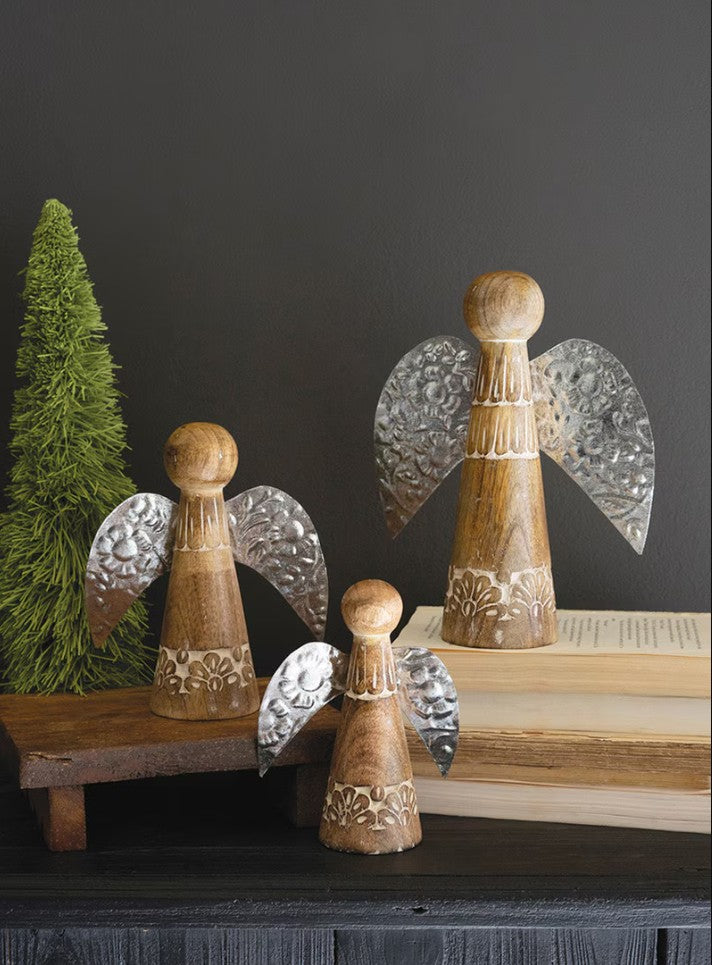 Set of Three Wood and  Tin Table Top Christmas Angels by Kalalou