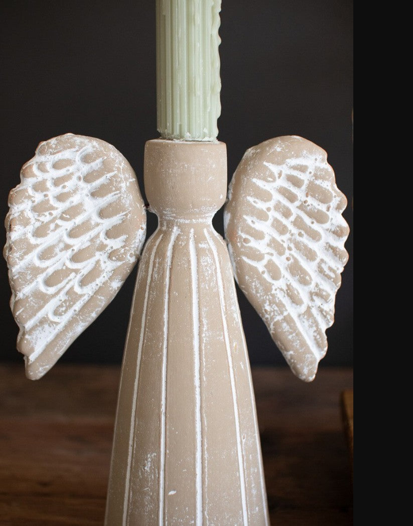 Set of Two Grey-Wash Clay Angel Taper Candle Holder by Kalalou