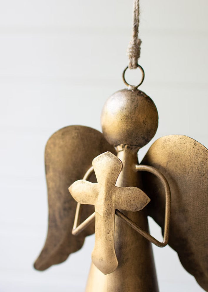 Antique Brass Angel Door Hanger Holding a Cross by Kalalou