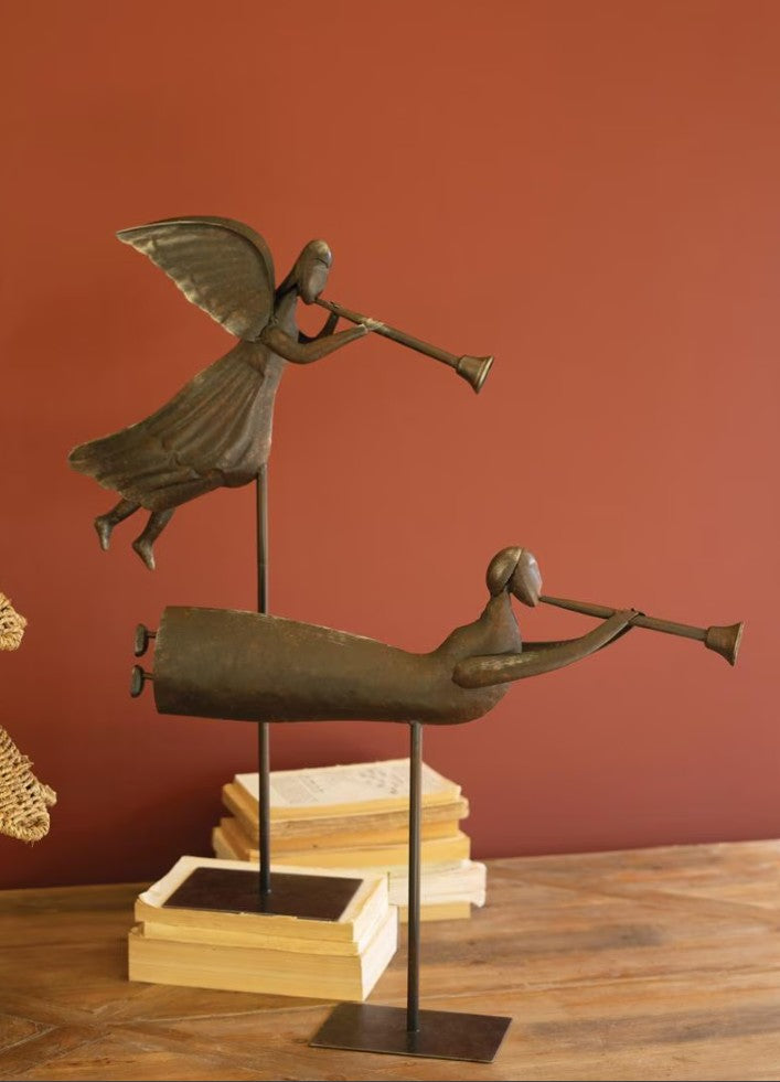 Set of Two Rustic Metal Folk Art Angels by Kalalou