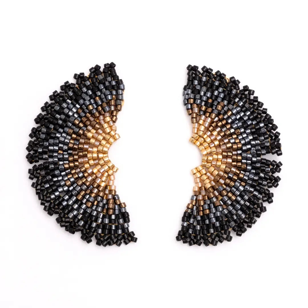 Beaded Handwoven Ginko Leaf Stud Earrings by Mayana Designs in Black