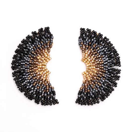Beaded Handwoven Ginko Leaf Stud Earrings by Mayana Designs in Black