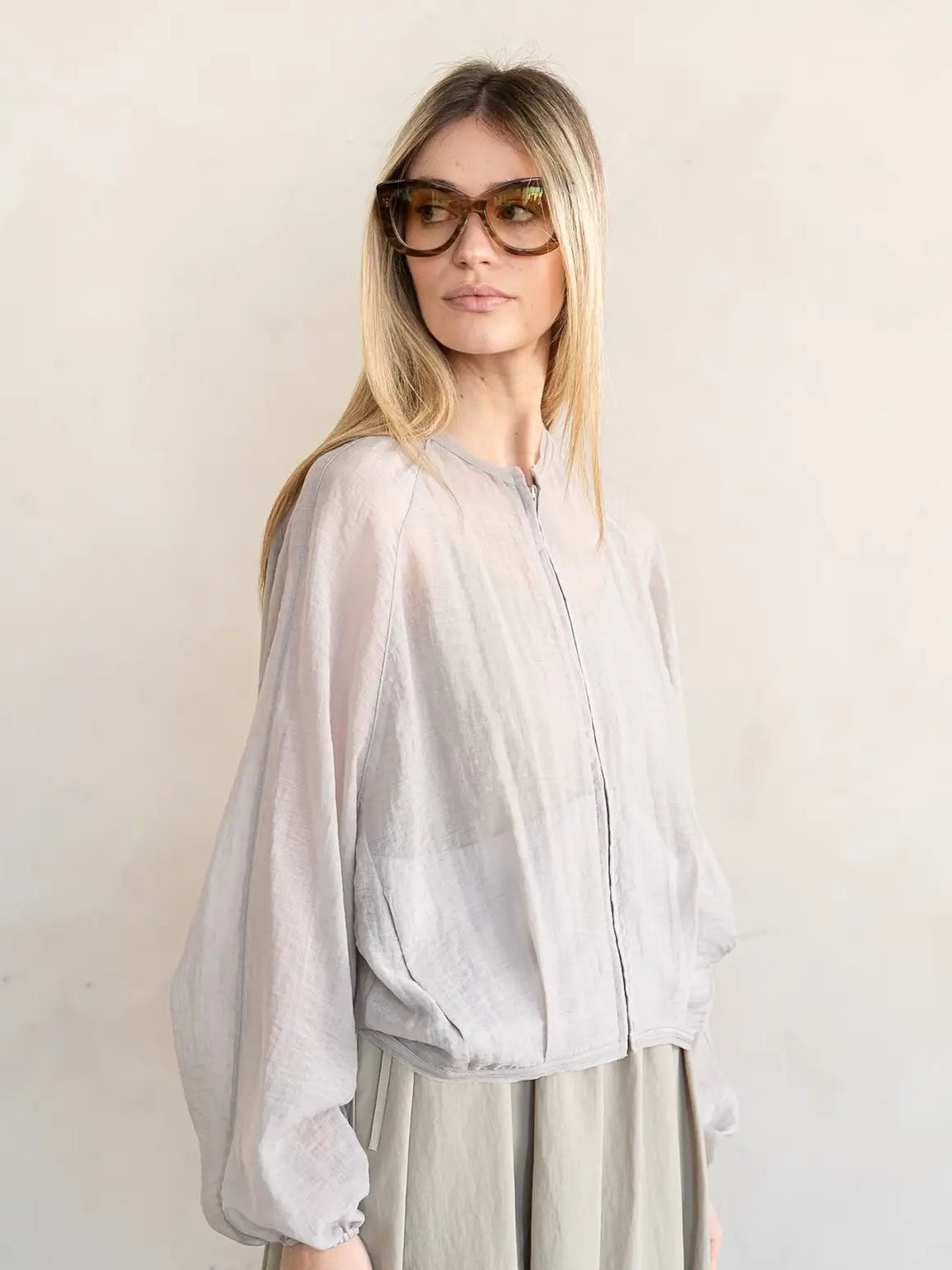 Sheer Zip-Up Blouson Jacket by elle grey in Grey