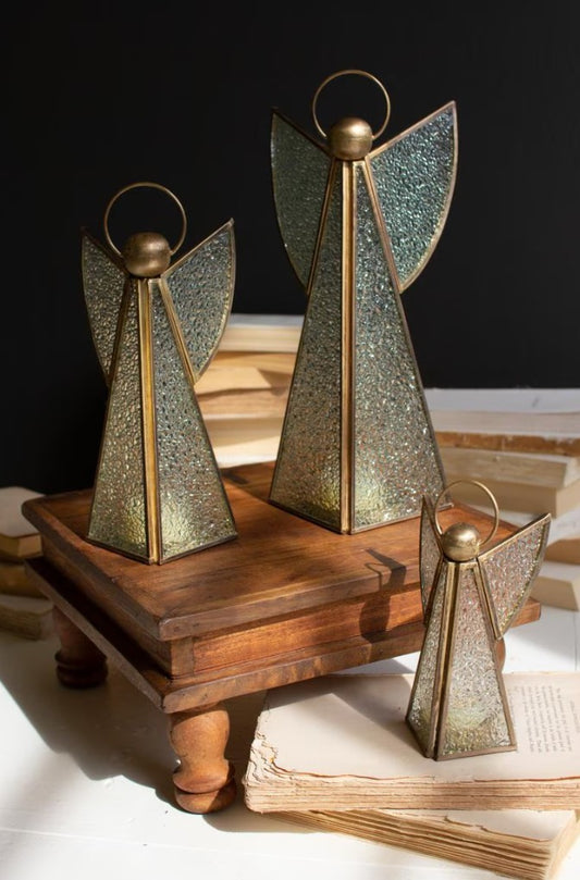 Set of Three Antique Brass and Glass Christmas Angels by Kalalou