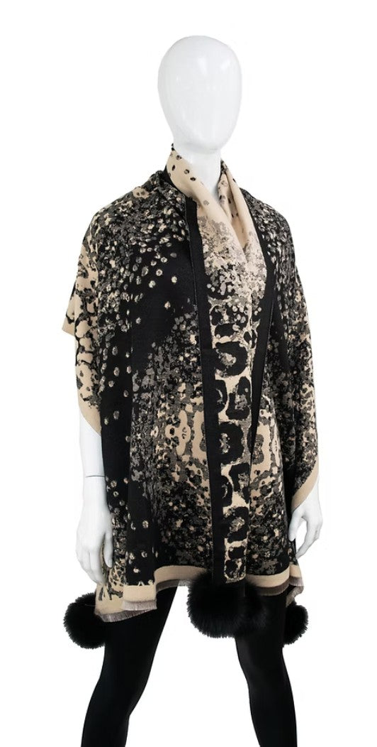 Animal Print Scarf w/Fox Poms by Mitchie's Matchings in Taupe