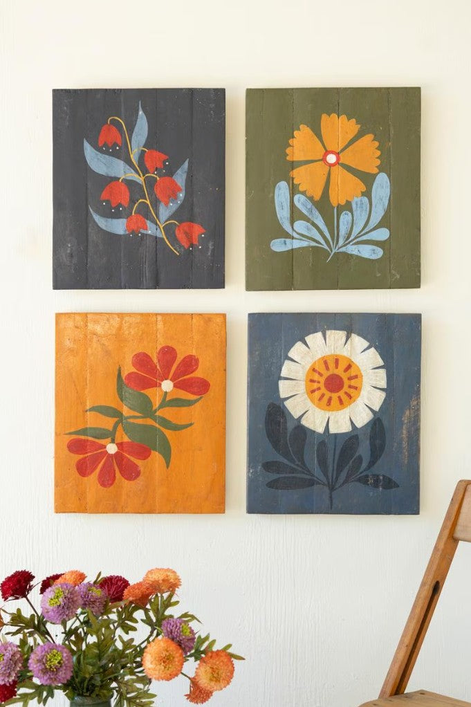 Set of Four Hand Painted Florals on Recycled Wood Panels by Kalalou