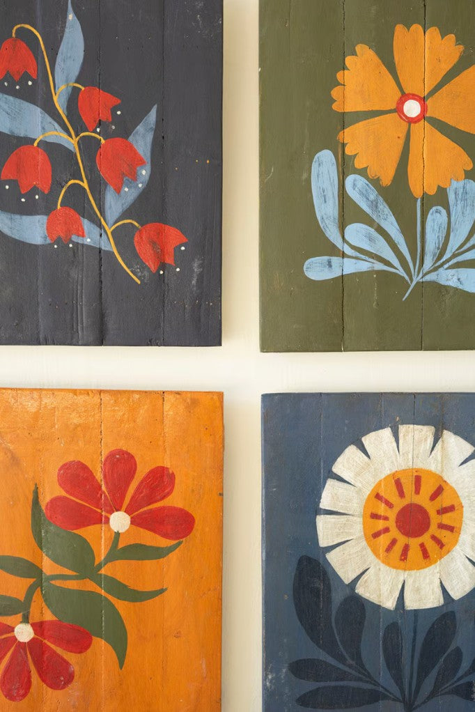 Set of Four Hand Painted Florals on Recycled Wood Panels by Kalalou