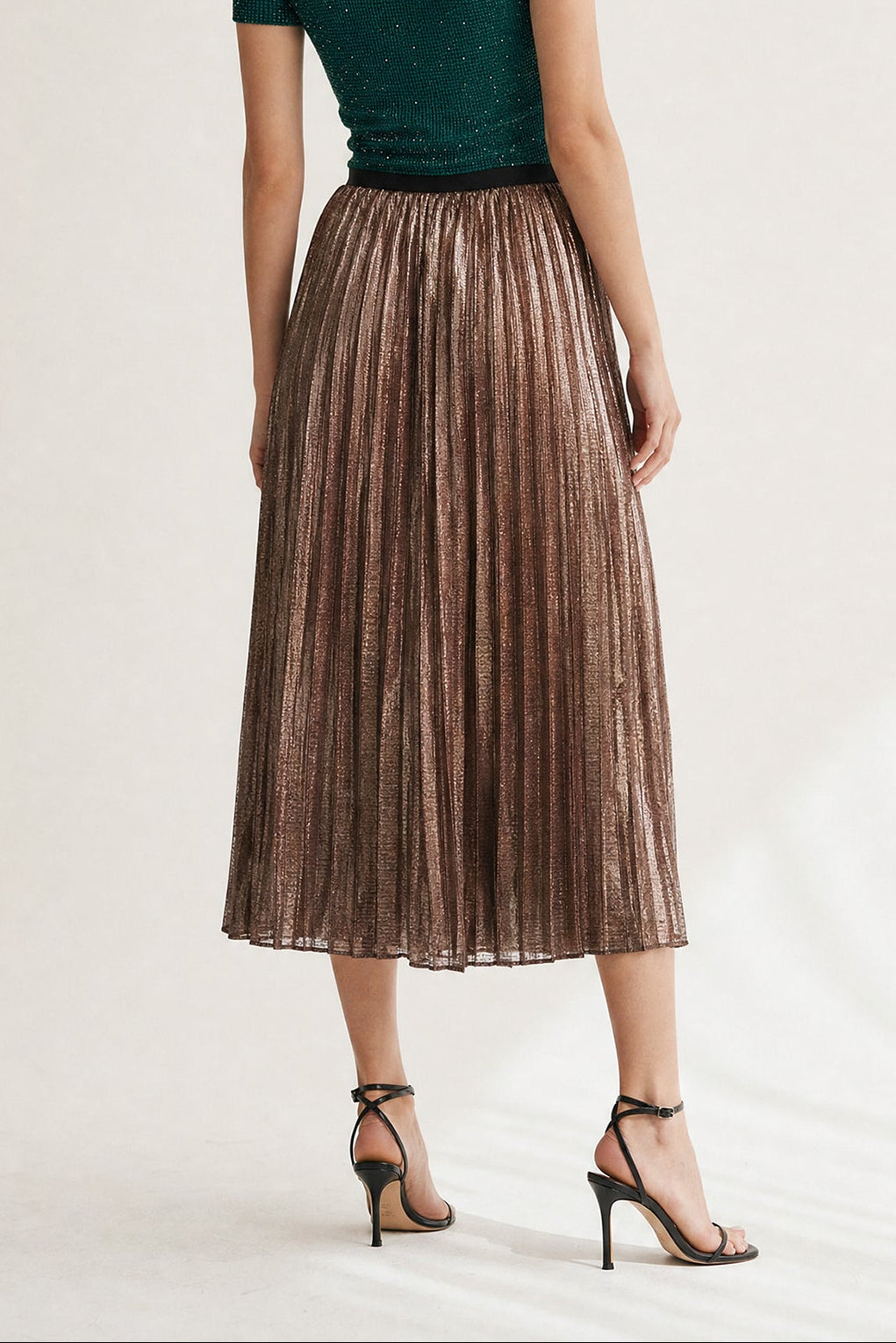 Esther Metallic Midi Skirt by Wild Cosmos in Rose Gold