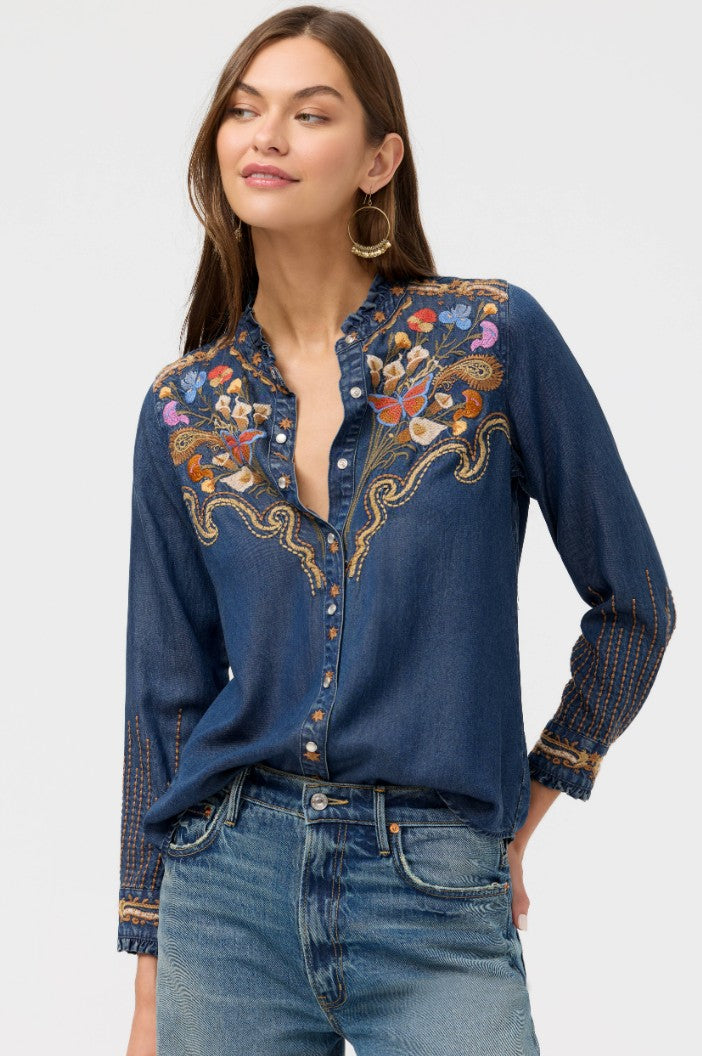 Ruffle Neck Shirt by Johnny Was in Denim Blue Durago