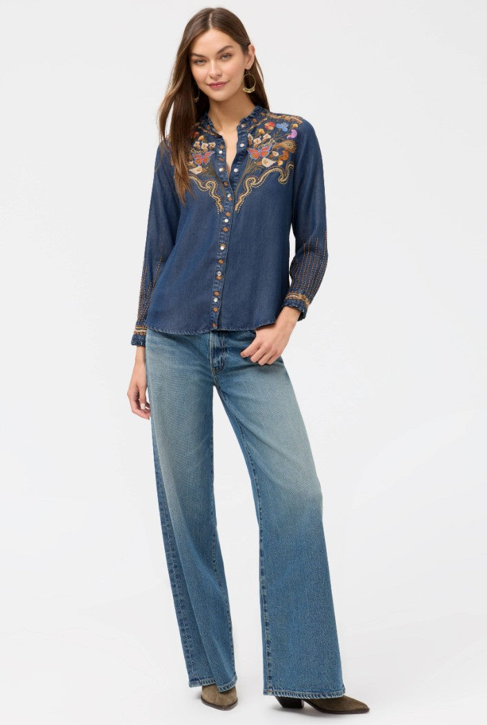 Ruffle Neck Shirt by Johnny Was in Denim Blue Durago