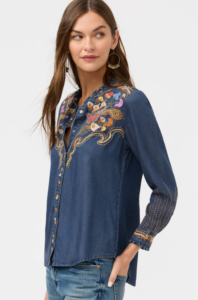 Ruffle Neck Shirt by Johnny Was in Denim Blue Durago