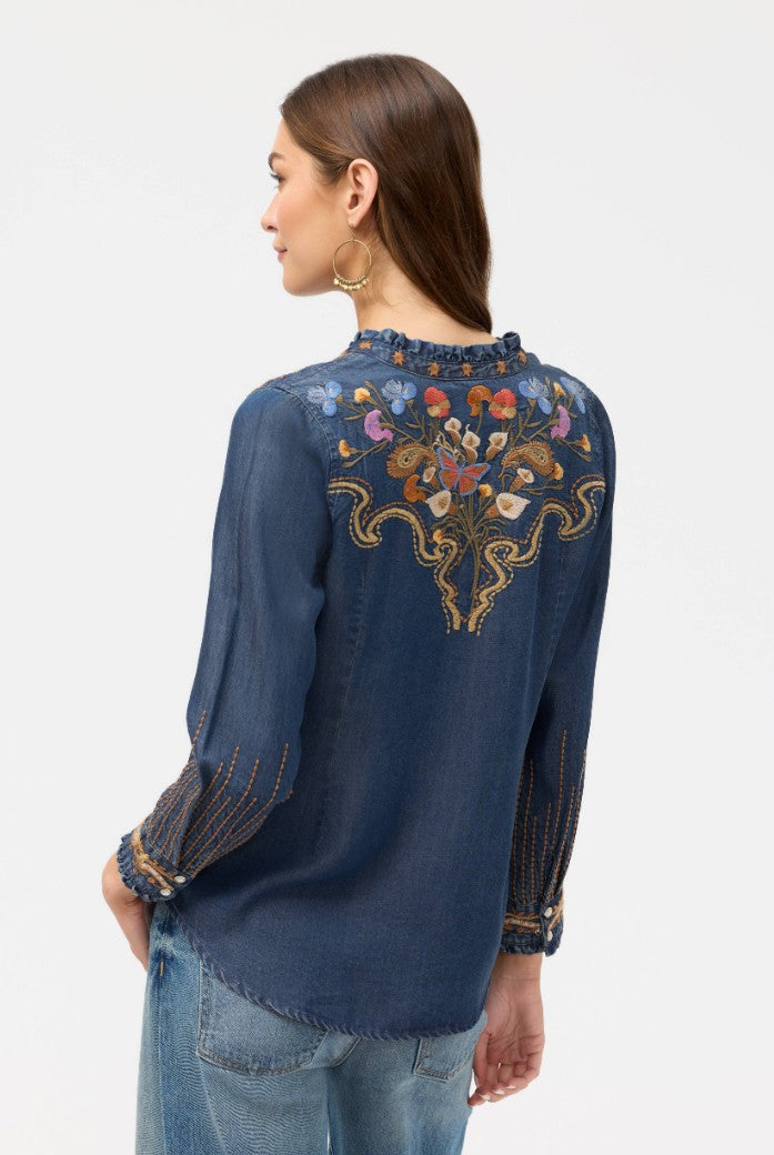 Ruffle Neck Shirt by Johnny Was in Denim Blue Durago