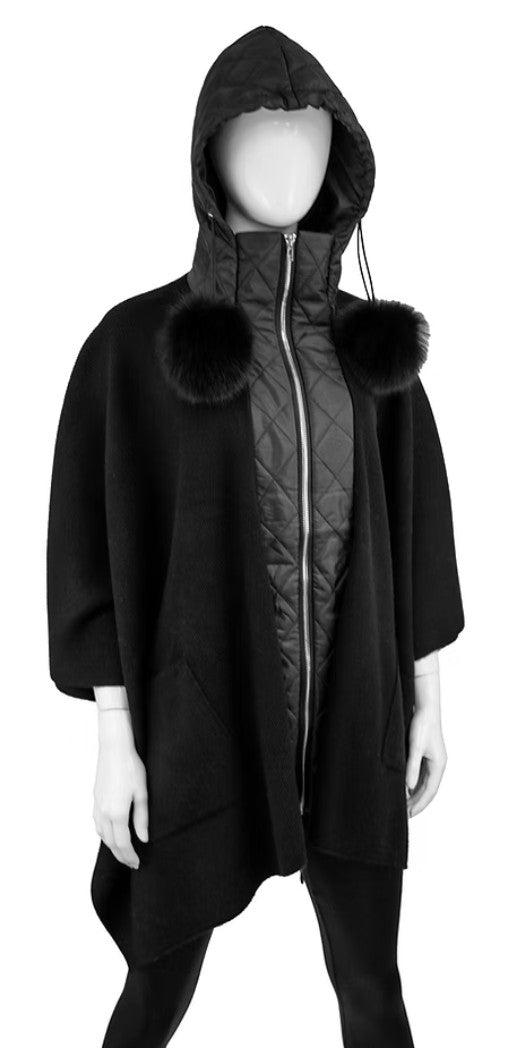 Poncho w/Hood & Fox Poms by Mitche's Matchings in Black