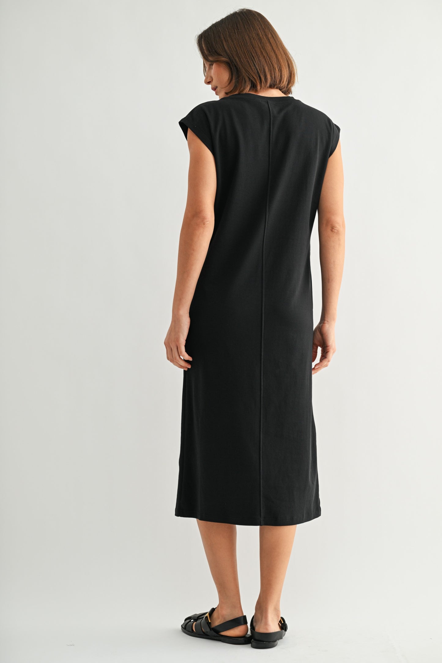 Pleated Shoulder Jersey Knit Dress by Fun2Fun in Black