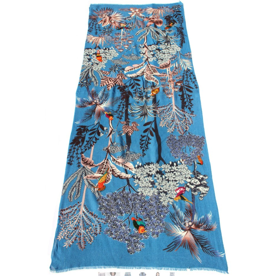 Woodland Embroidered Scarf by Vismaya Scarves in Lapis Blue