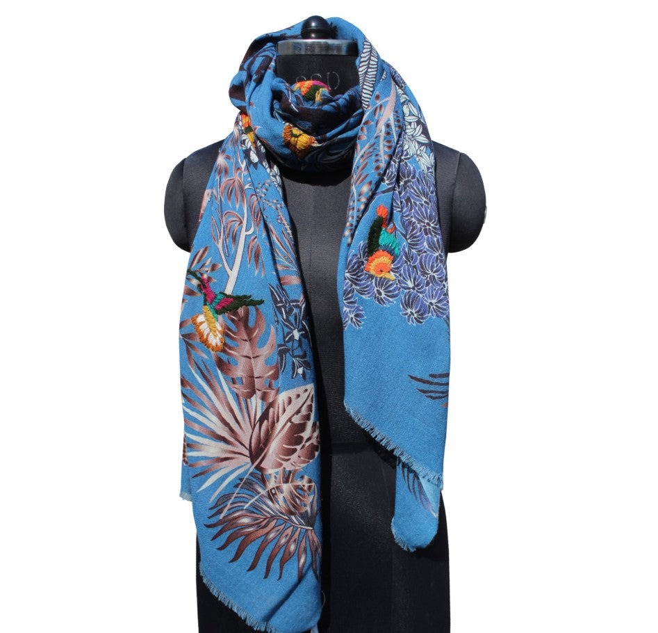 Woodland Embroidered Scarf by Vismaya Scarves in Lapis Blue