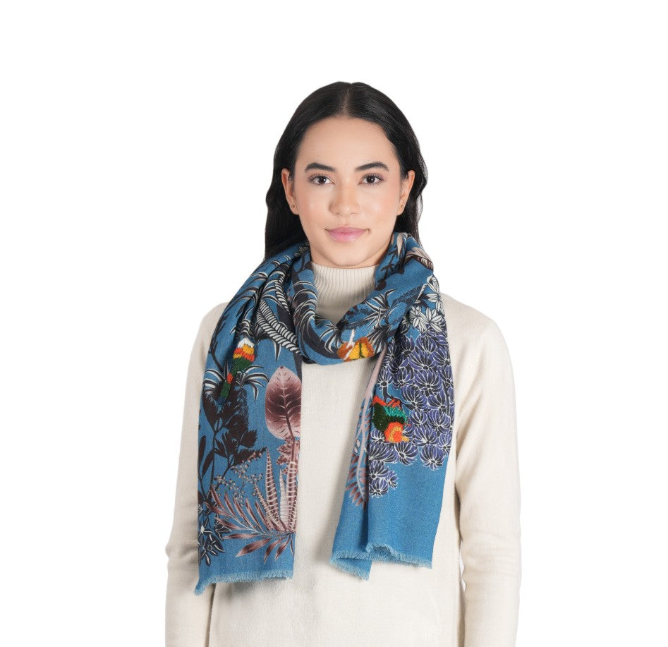 Woodland Embroidered Scarf by Vismaya Scarves in Lapis Blue