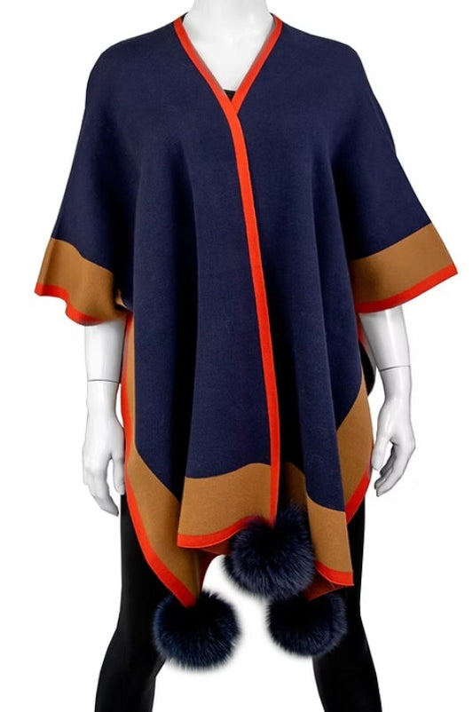 Three Tone Cape w/Fox Poms by Mitchie's Matchings in Navy