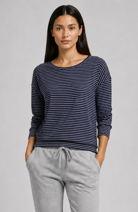 Clementine Rib Stripe Texture High Low Top by Astrologie in Navy/White