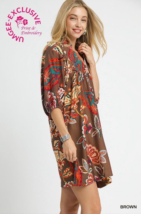 Abstract Print Ruffled Neck Mini Dress by Umgee in Brown