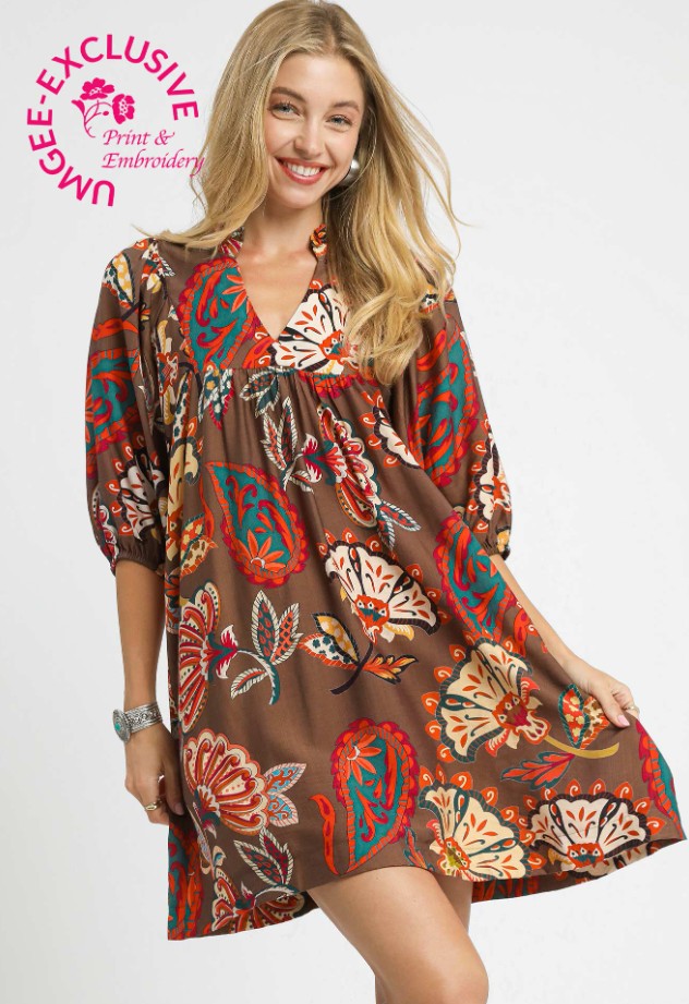 Abstract Print Ruffled Neck Mini Dress by Umgee in Brown