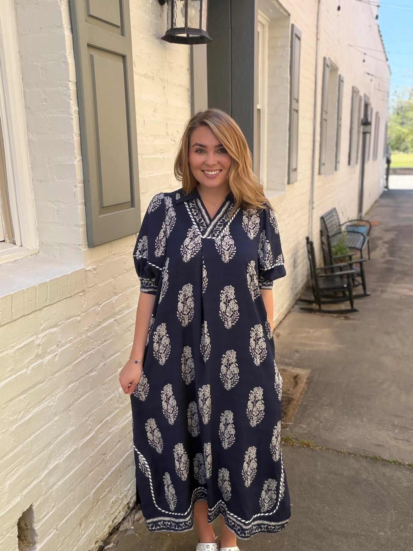 Botanic Crest Collared Midi Dress by Umgee in Navy