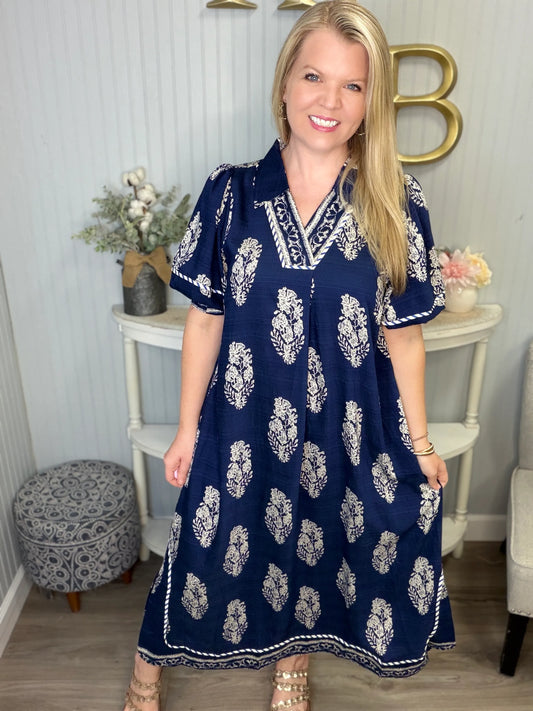 Botanic Crest Collared Midi Dress by Umgee in Navy