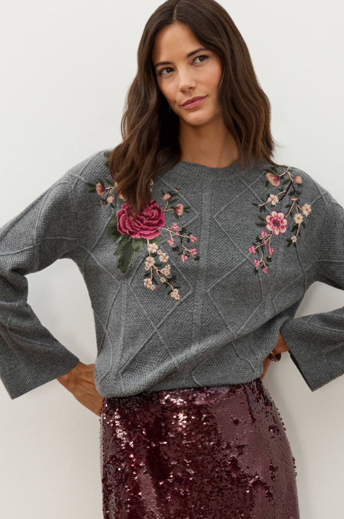 Cable Knit Sweater by Johnny Was in Heather Grey