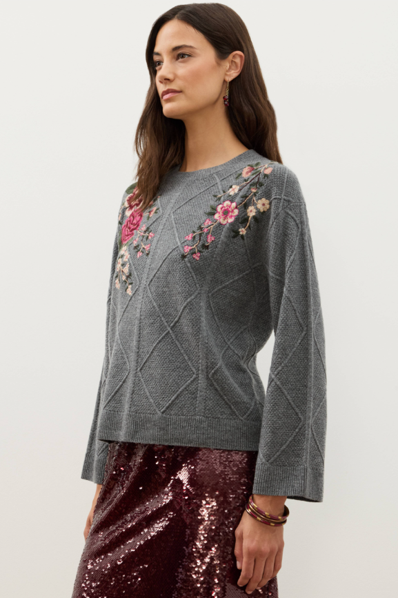 Cable Knit Sweater by Johnny Was in Heather Grey