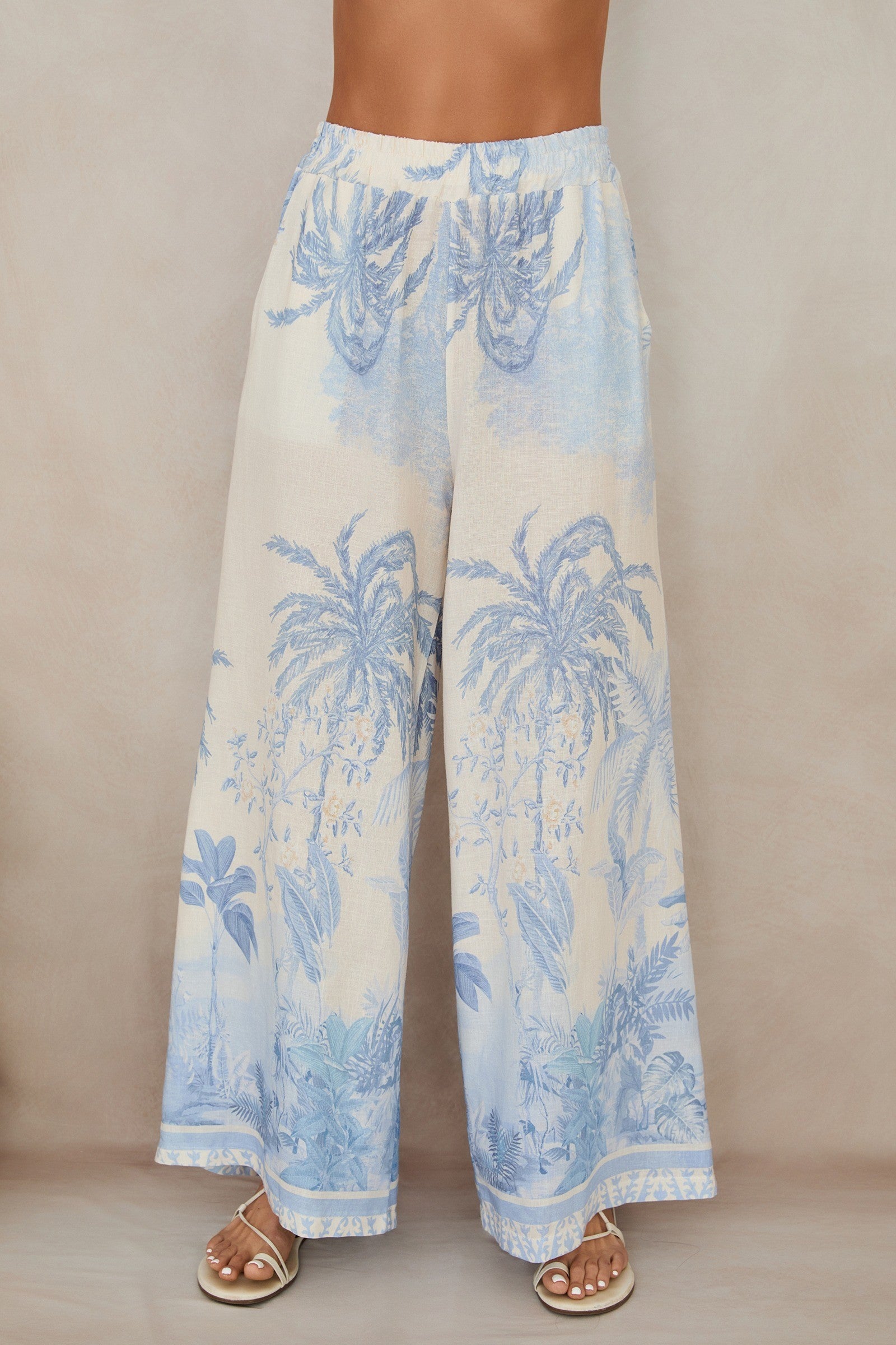 Tropical Palm Tree Wide Leg Linen Pants by Milio Milano in