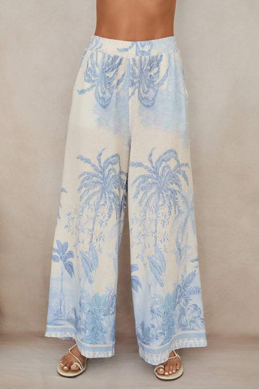 Tropical Palm Tree Wide Leg Linen Pants by Milio Milano in Cream/Blue