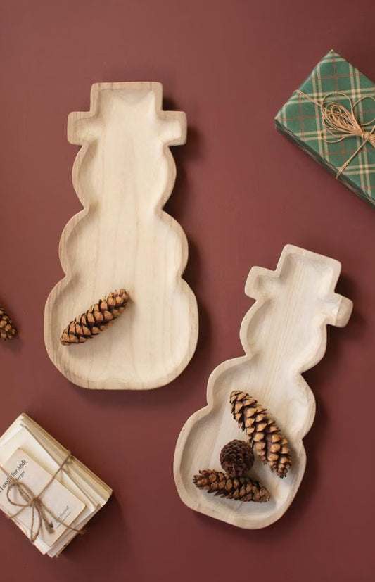 Set of 2 Carved Wood Snowmen Trays by Kalalou