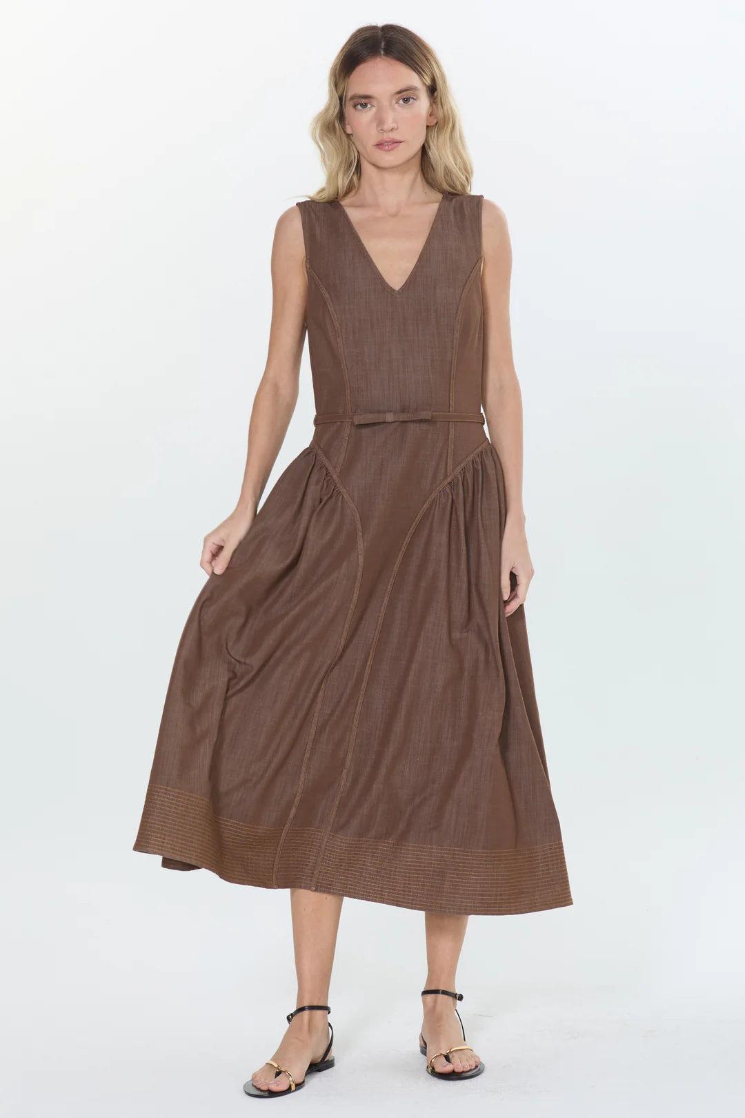 Bruni Topstitched Denim Effect Midi Dress by Ciebon in Brown